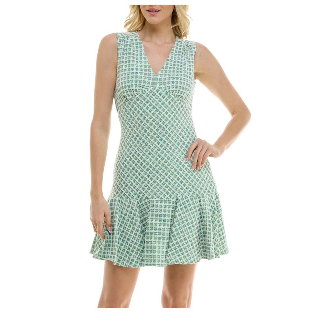 Taylor Plaid Tweed V-Neck Flounce Hem Sleeveless Mini Dress Green White Size‎ 8